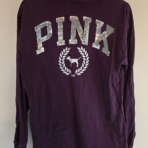 PINK Victoria's Secret Sequin Dog Logo Long Sleeve Shirt Purple small oversized